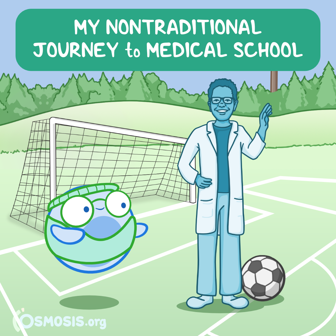 a medical student with a soccer field in the background 