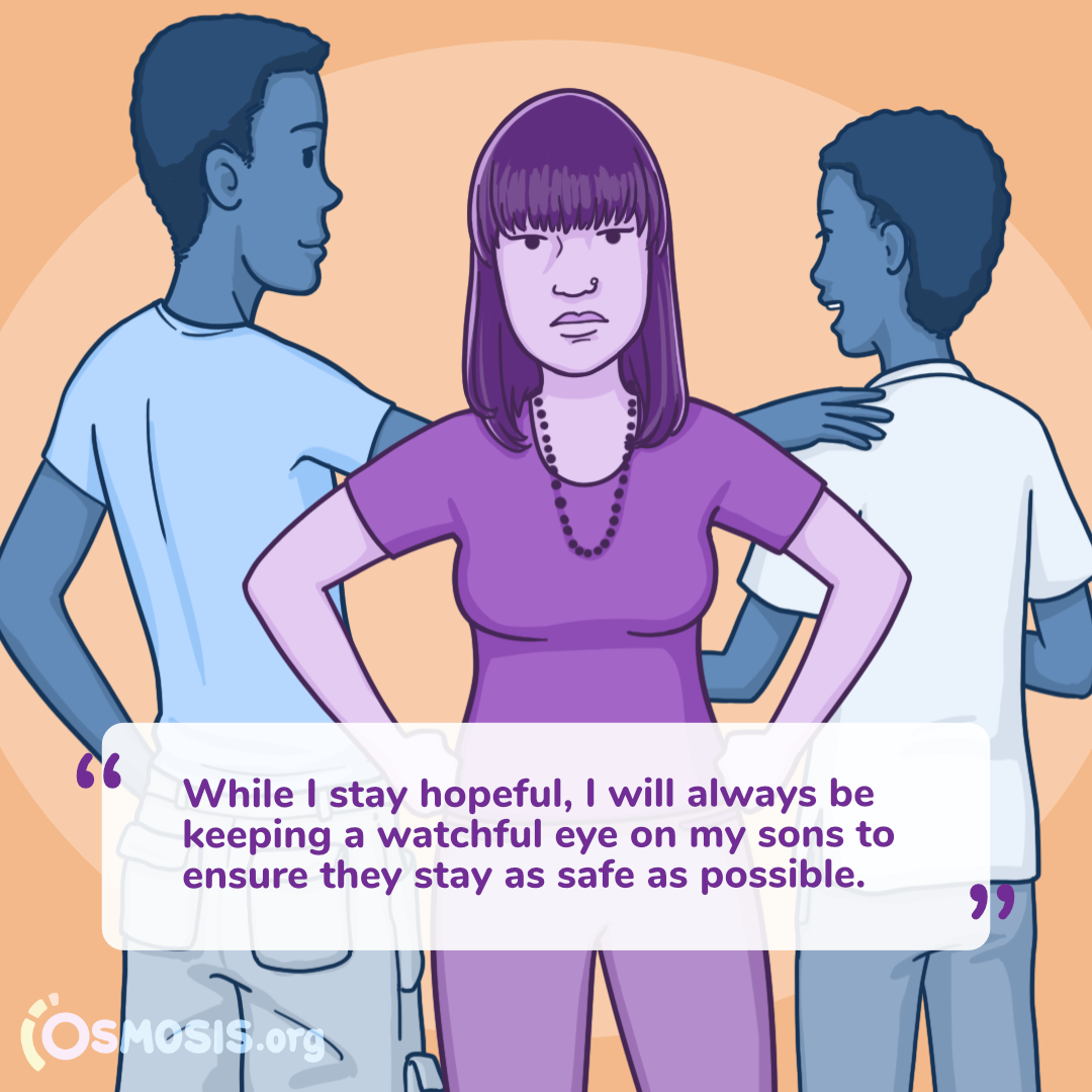 one person in purple and 2 others facing away in blue