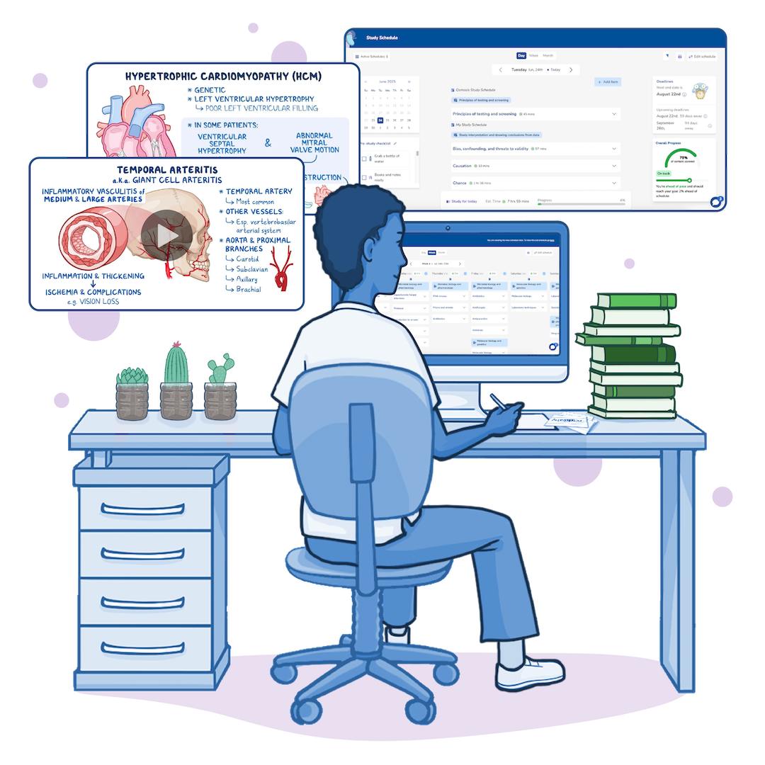 student studying at a desk with a desktop computer using Osmosis notes, videos, study schedule and questions